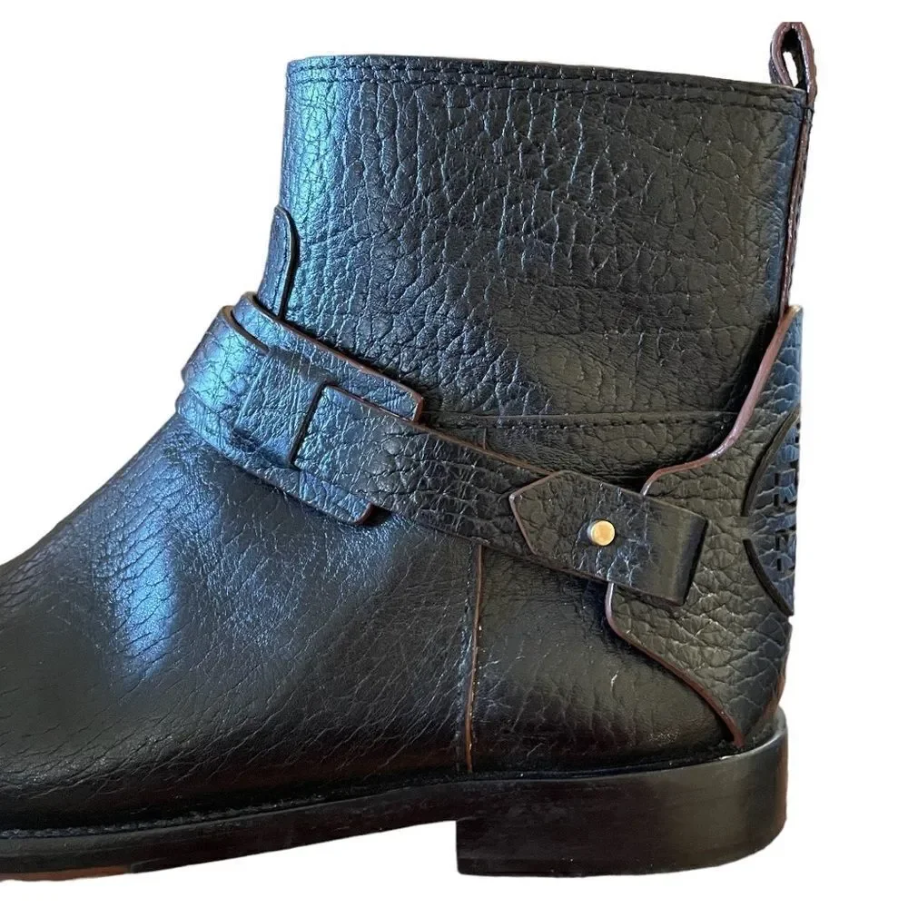 Tory Burch Derby Ankle Boots Pebble Leather Black